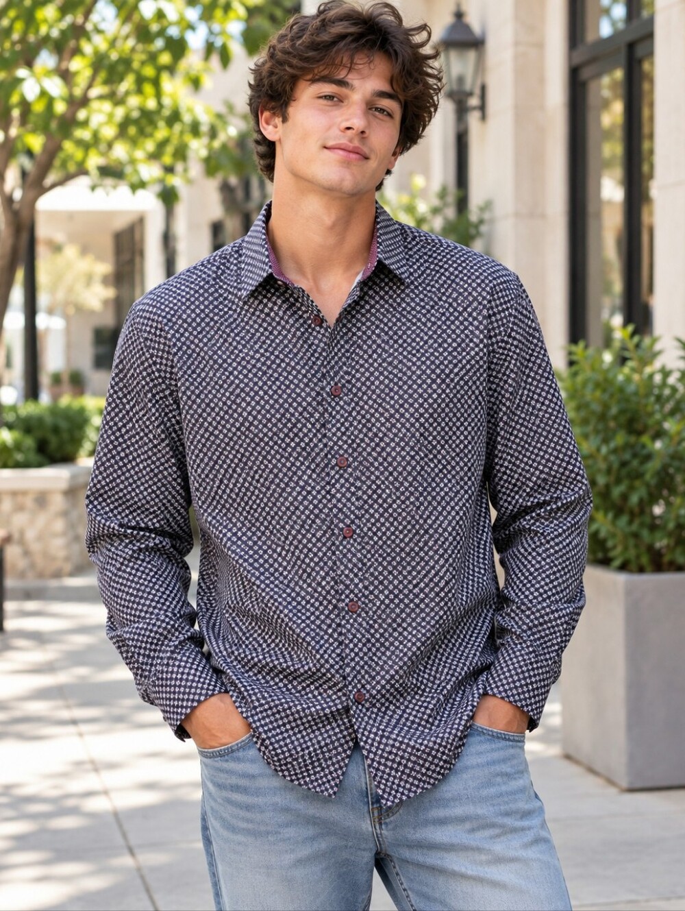 Construct men’s long sleeve button-down Dress shirt dark navy Pattern Floral XL